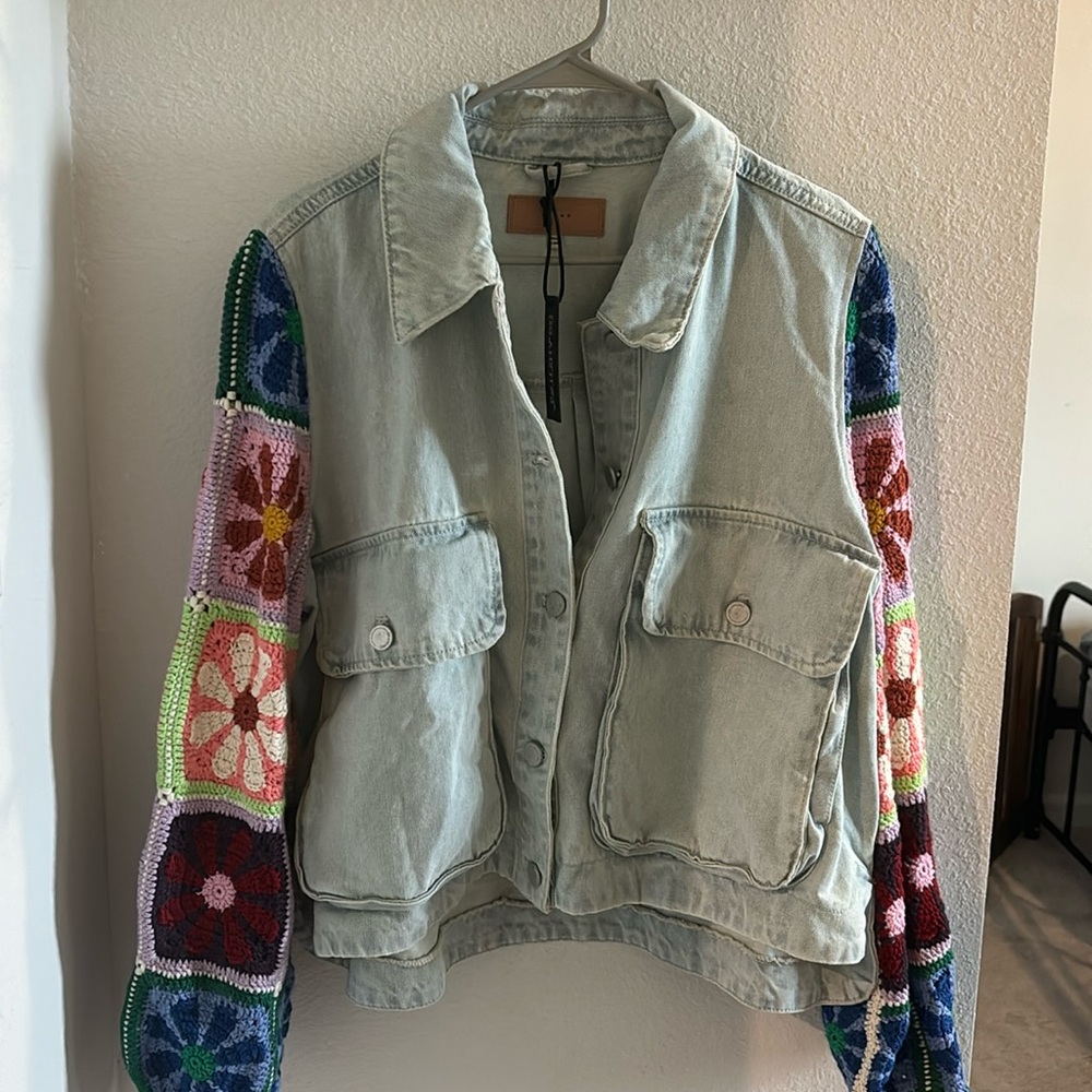 BLANKNYC Crochet Sleeve Denim Jacket